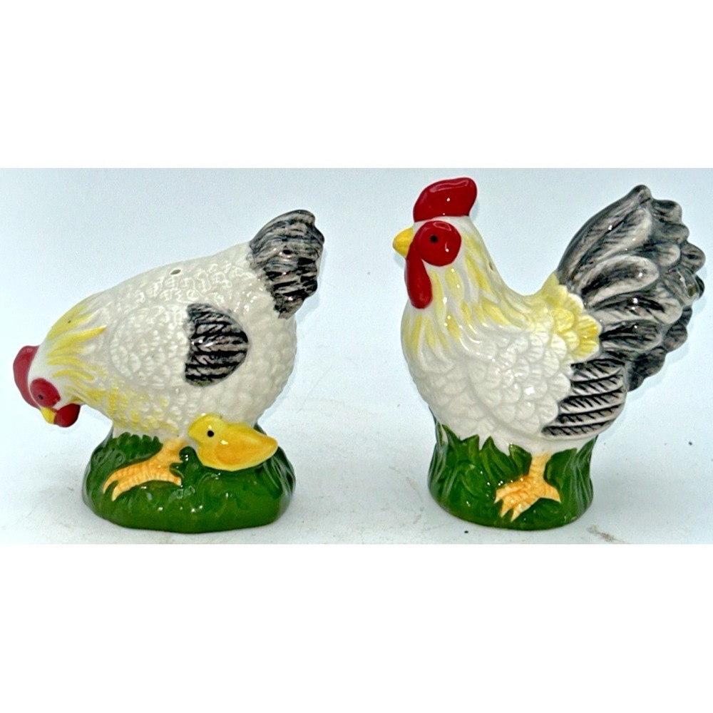 Chicken Salt & Pepper Shakers Rooster 3 3/8"  Hen 3" Farm House Rustic Country